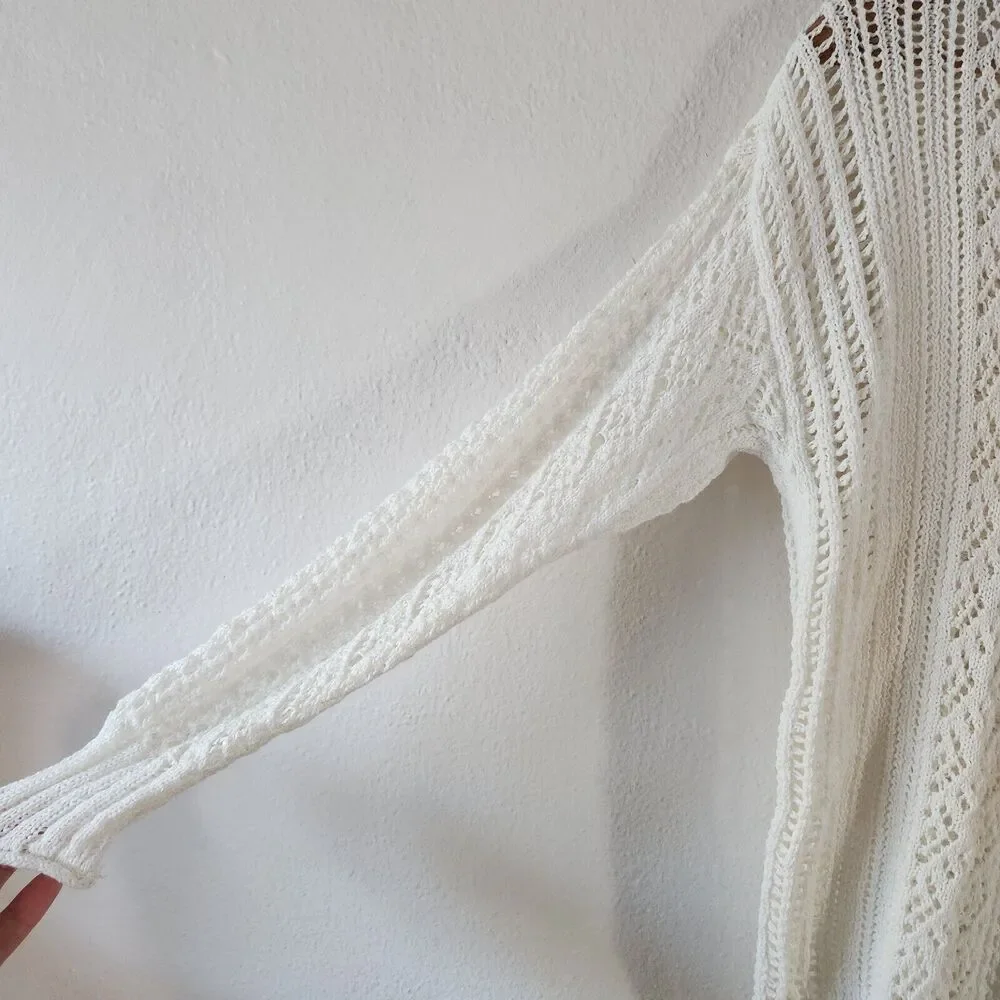 Chico’s Open Stitch Pullover White Sweater Sz SP Long Sleeve Lightweight Crochet
